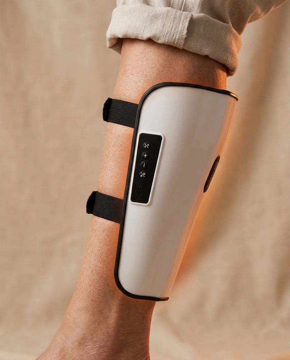 Close-up of CLENVOX calf sleeve with warm heat therapy glow