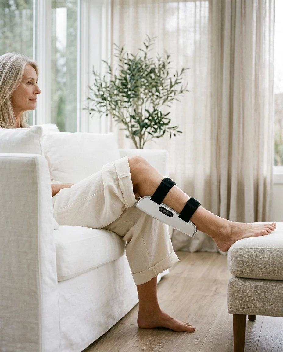 Mature woman wearing CLENVOX calf therapy sleeve while relaxing on sofa