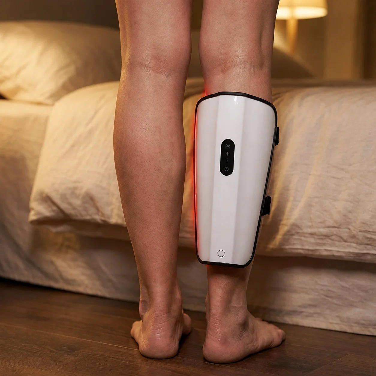 Mature woman reading in bed with CLENVOX calf therapy sleeve